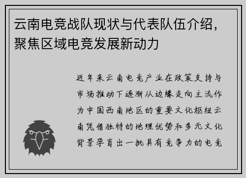 云南电竞战队现状与代表队伍介绍，聚焦区域电竞发展新动力