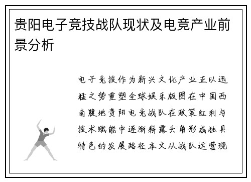 贵阳电子竞技战队现状及电竞产业前景分析