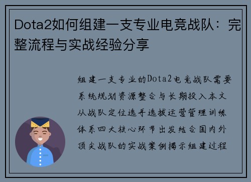 Dota2如何组建一支专业电竞战队：完整流程与实战经验分享